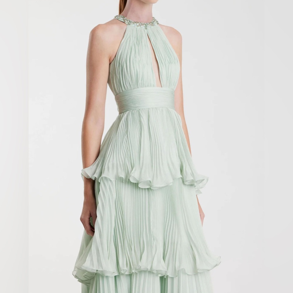 Mac Duggal Green High Neck Chiffon Tiered Gown with Cutout 49835 Mint sz 6 NWT - Picture 3 of 10